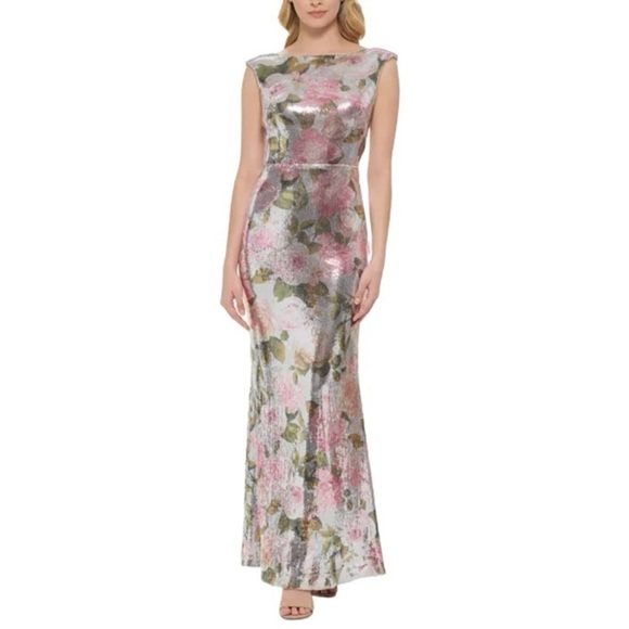 Eliza J Floral Print Sequin Gown in Silver Combo Size 8  NWT - Picture 1 of 8